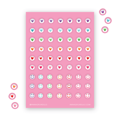 Classic Letter Beads Hearts and Smiley Stickers on Pink Bacground, A6 Sticker Sheet for Journaling