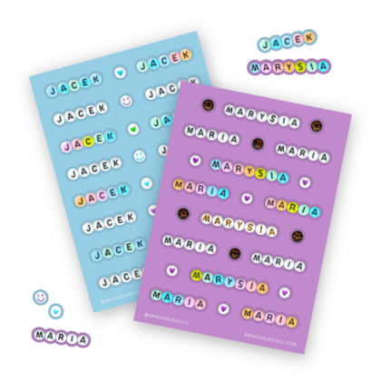 Custom Name Stickers with Letter Beads and Friendship Bracelet Style, 2 colorful sticker sheets featuring the names Jacek and Marysia.
