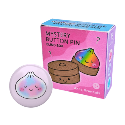Small Button Pin Mystery Box with colorful packaging and a cute, handdrawn dumpling design