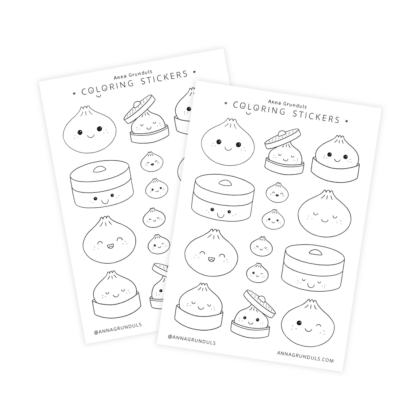Two A6 sheets of viral squishy dumpling coloring stickers featuring smiling dumplings and steamer baskets.