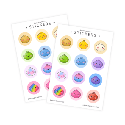 Two A6 sheets of viral squishy dumpling stickers featuring smiling dumplings in bright and pastel colors.