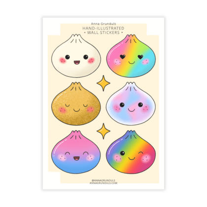 An A4 sheet with six viral squishy dumpling wall stickers in rare colors and two small gold sparkle stickers.