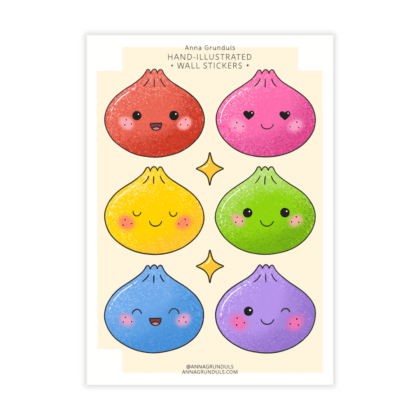 An A4 sheet of six colorful viral squishy dumpling wall stickers and two small gold sparkle stickers.